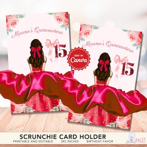 May include: Two cards with a pink and red design, featuring a girl in a red dress and a bow, with the text "Mirana's Quinceañera" and the number "15". A large pink scrunchie is in front of the cards. The cards are 3x5 inches.
