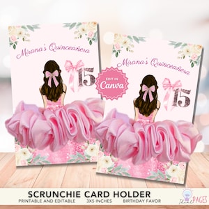 Portatarjetas rosa con coletero para fiesta de quinceañera, plantilla para tarjeta de presentación de gomas para el cabello, sujetador de coleta, recuerdo imprimible para fiesta de 15 cumpleaños.
