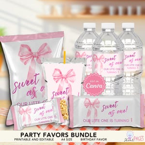 May include: A party favors bundle with a pink bow design. Includes a bag of chips, a drink cup with a straw, water bottles, and candy bars. The text "Sweet as one! Our little one is turning 1" is displayed on the items.