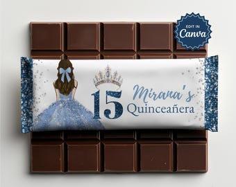 Blaue Quinceanera Gastgeschenke, Sweet 15 Dekor, Teenager Geburtstag Favor, Schokoriegel Wrapper, Candy Bar Wrapper, Hershey Schokoriegel Etikett