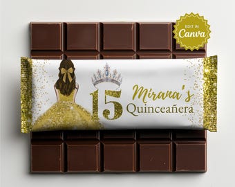 Gold Quinceanera Gastgeschenke, Sweet 15 Decor, Teenager Geburtstag Favor, Schokoriegel Wrapper, Candy Bar Wrapper, Hershey Schokoriegel Etikett