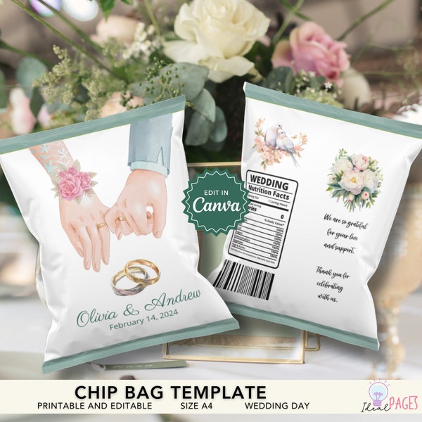 Wedding Chip Bag Template, Custom Chip Bag, Customizable Favor Bags, Wedding Snack Bags, Party Chip Bags, Wedding Favor Idea, Sage Green