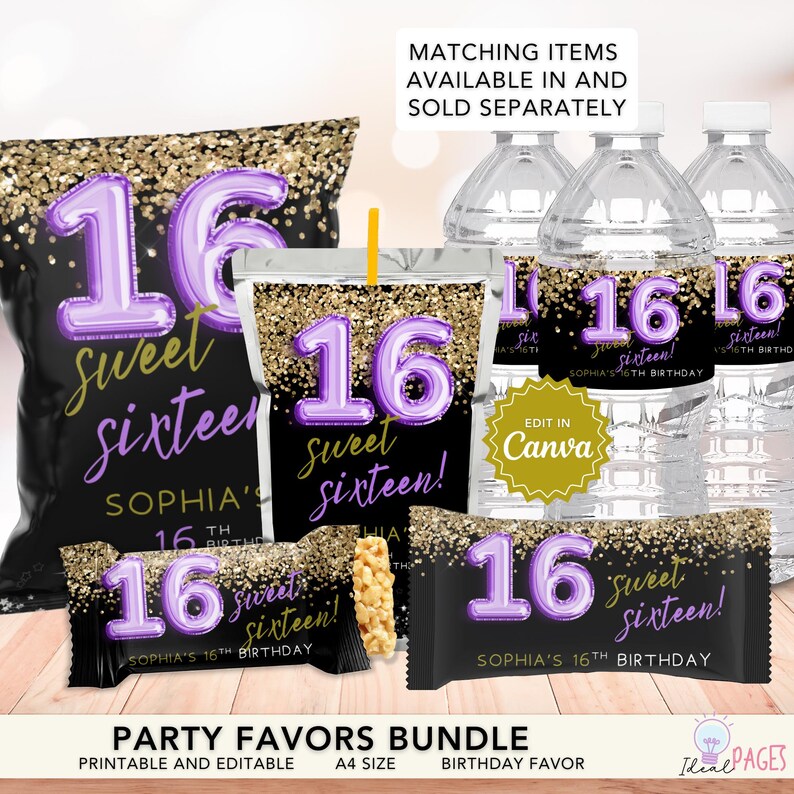 Purple Gold Glitter Sweet 16 Party Favor Printable, 16th Birthday Favor ...