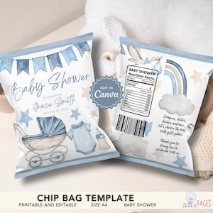 May include: Blue and white chip bag template for a baby shower. The front of the bag features a blue baby carriage, a blue onesie, and a baby bottle. The back of the bag has a blue and white rainbow, stars, and a cloud. The text on the front of the bag reads "Baby Shower" and "In honor of Grace Smith August 27, 2024". The text on the back of the bag reads "Baby Shower Nutrition Facts" and "Diapers, bottles, booties and more. Let's shower the baby with gifts galore! Thank you for being here to celebrate with us."