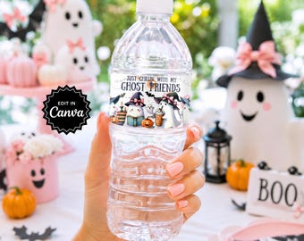 Cute Ghost Halloween Water Bottle Stickers, Trick or Treat Favors for Kids, Halloween Party Drink Wrapper, Water Bottle Label Template