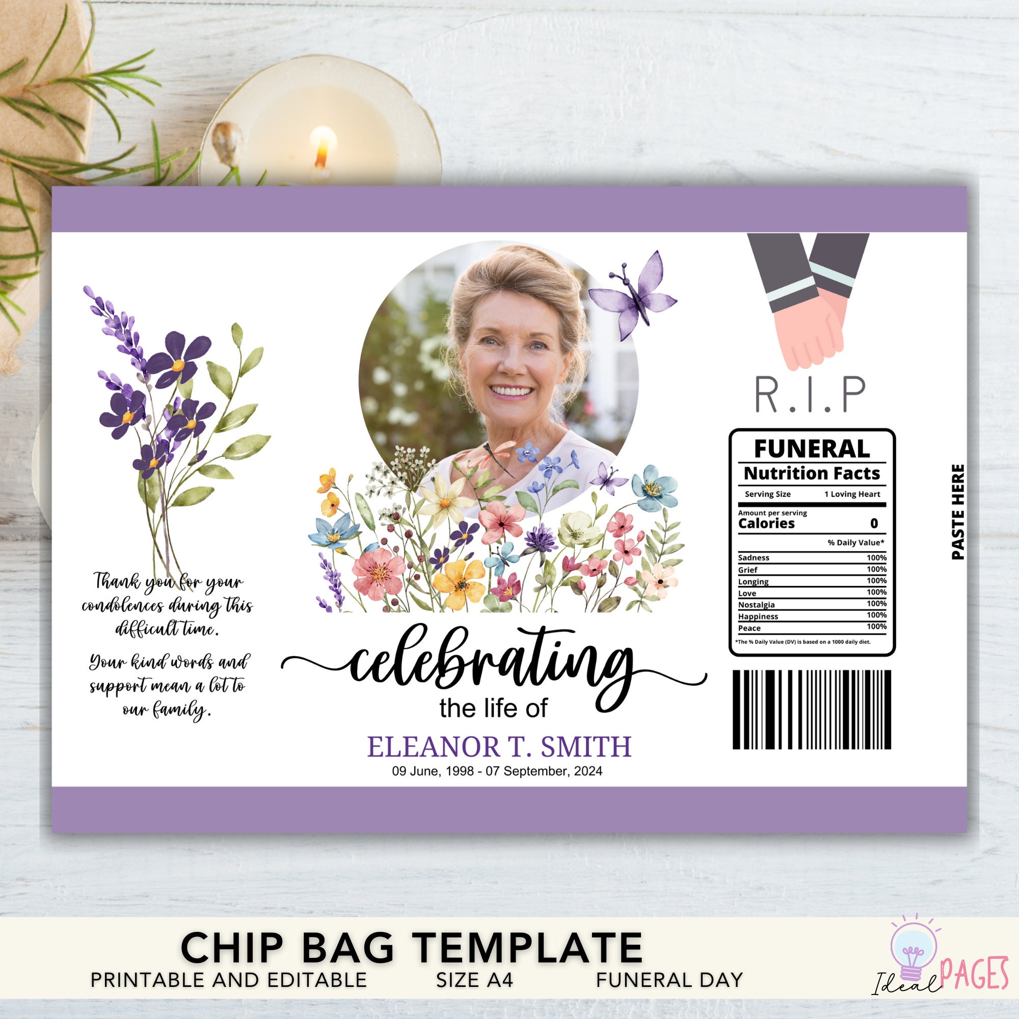 Celebration of Life Chip Bag Template, Custom Chip Bag, Elegant Funeral ...