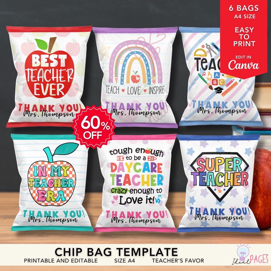 6 Teacher Appreciation Chip Bag, Teacher Appreciation Gift, Thank You ...