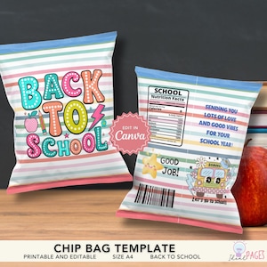 Modèle modifiable de sac à jetons rétro pour la rentrée scolaire, cadeau d'anniversaire pour l'école, sac à collation de bienvenue, premier jour d'école, cadeau pour la maternelle
