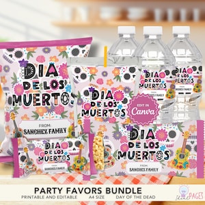 Tag der Toten Gastgeschenke, Dia de los Muertos, Mexikanische Fiesta, Chips-Tasche, Wasserflasche, Saftbeutel, Schokoladenverpackung, Reis-knusprige Leckerei