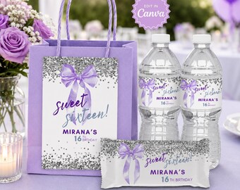 Coquette Bow Purple Silver Sweet 16 Birthday Party Favors, Chip Bag, Rice Crispy Treat, Juice Pouch, Water Bottle, Chocolate Bar, Paper Bag