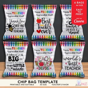 May include: Six printable chip bag templates for Teacher Appreciation Week. Each bag features a unique design with colorful crayon borders and messages like "Best Teacher Ever" and "Thank You for BEE-ing a great TEACHER."