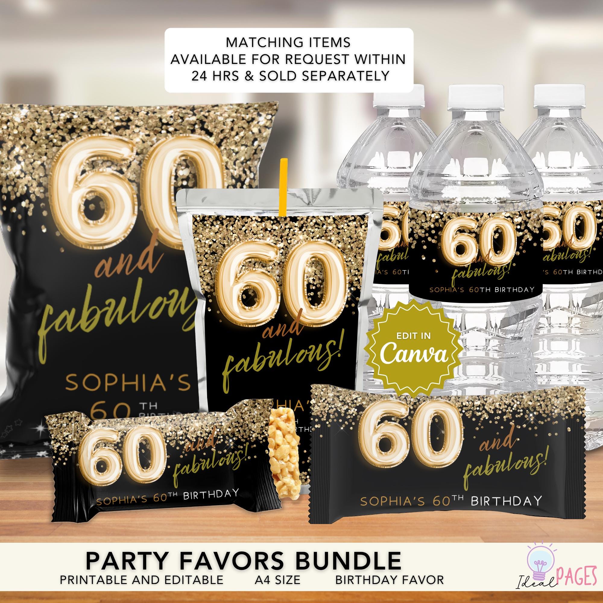 60 and Fabulous Gold 60th Birthday Party Favor, Adult Birthday