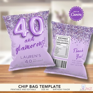 Purple Party Favors, 40th Birthday Favors, 40th Party Favors, Birthday Favor Label Chips, Birthday Favor for Guests, Birthday Chip Bags