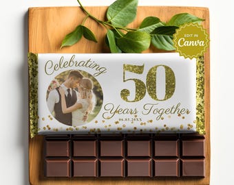 50th Golden Wedding Anniversary, Candy Bar Wrapper, Chocolate Bar Wrapper Template, Chocolate Bar Label, Anniversary Favors Ideas for Guest