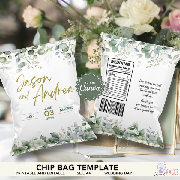 Elegant Gold Eucalyptus Wedding Chip Bag Template, Custom Chip Bag, Marriage Goodie Bag, Wedding Snack Bags, Treat Bags, Wedding Favor Idea