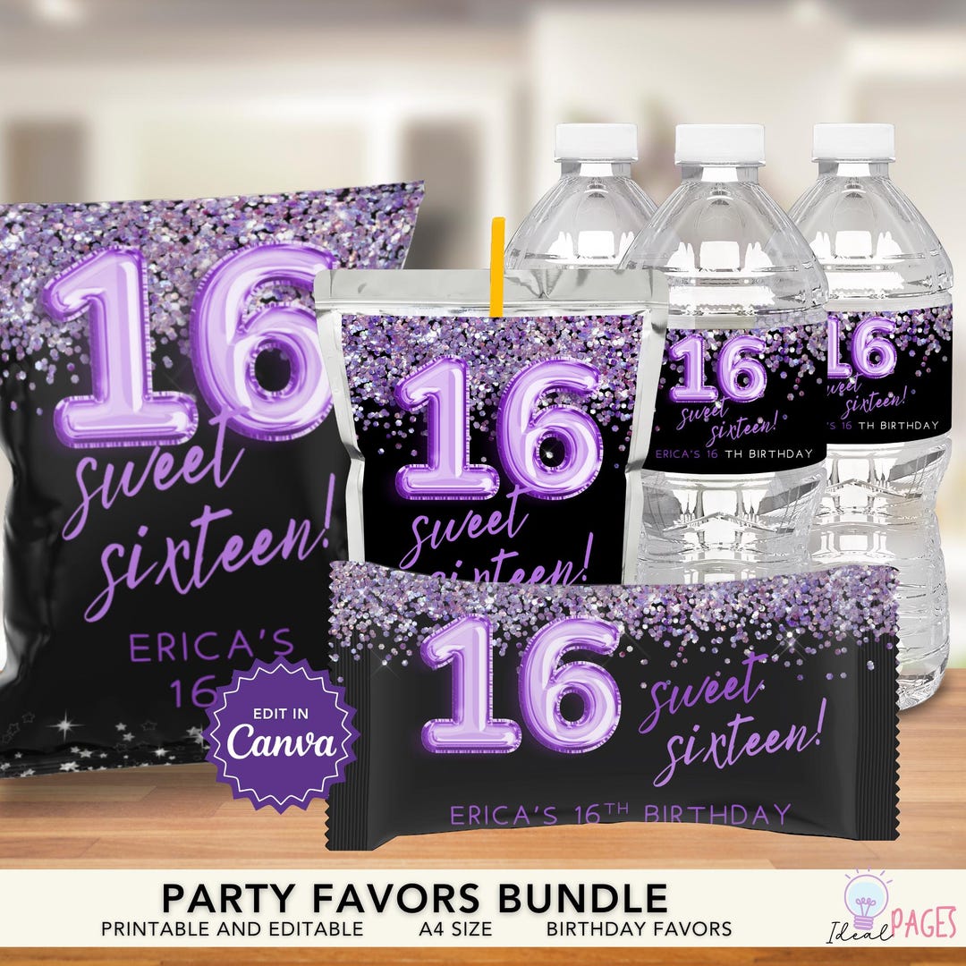 Sweet 16 Party Favors, 16th Birthday Purple Party Favor Bundle, Chip ...