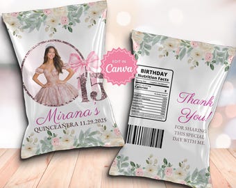 Pink Floral Quinceanera Chip Bag Label, Sweet 15 Birthday Favor, Chip Bag Wrapper, Party Chip Bags, Birthday Treats for Teens