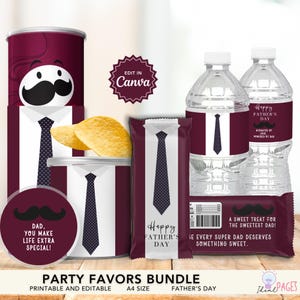 May include: A Father's Day party favor bundle featuring printable labels for chip cans, water bottles, and candy bars. The designs include a maroon color scheme with white shirt collars, dark polka-dot ties, and text reading Happy Father's Day.