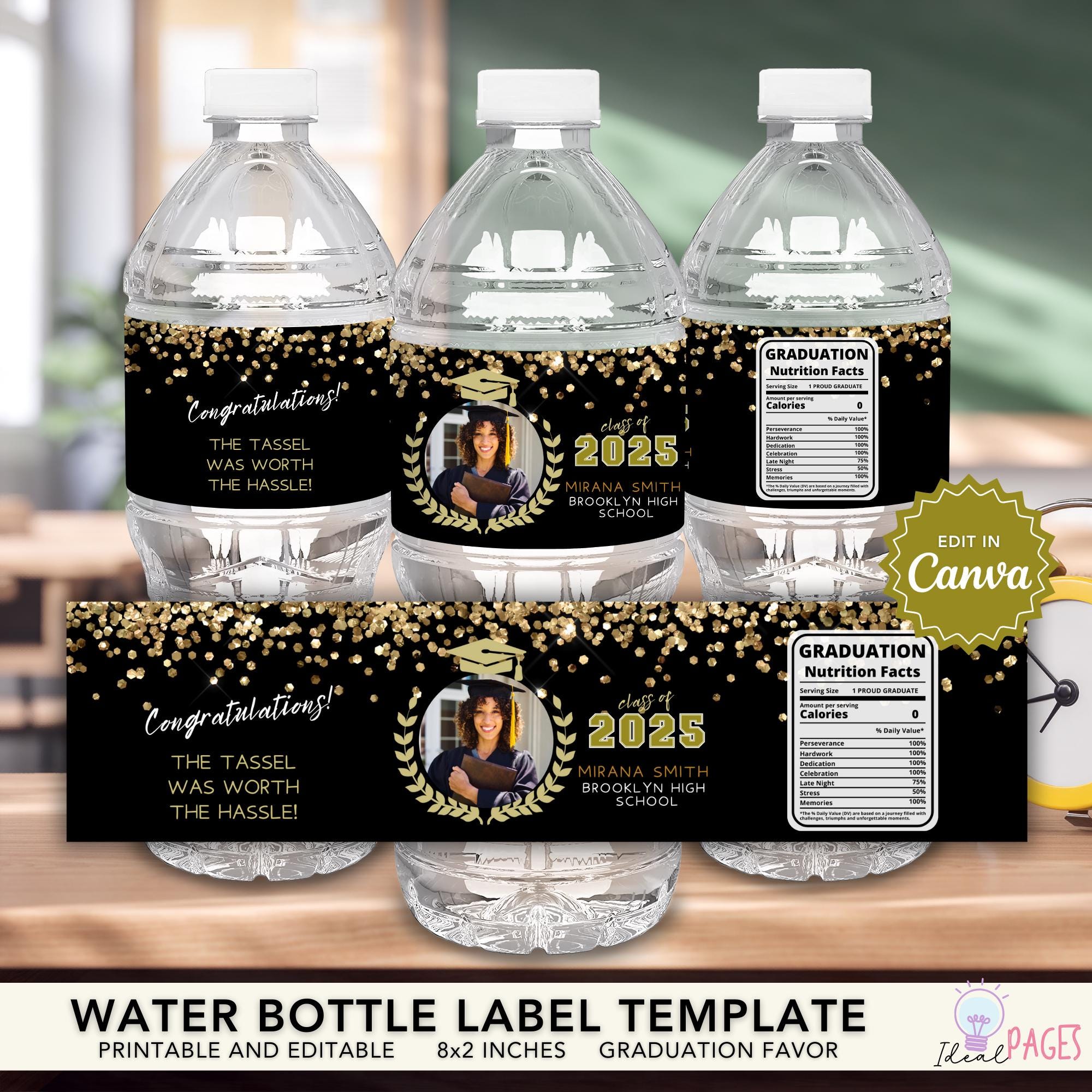 2025 gunsten afstuderen, waterfles afstuderen, sticker waterfles, waterflesetiket, waterflesverpakking, gouden afstuderen gunst