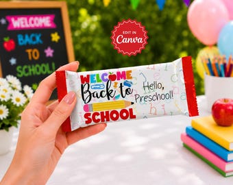 Verpakking voor een chocoladereep voor de eerste schooldag, etiket voor een snoepreep, sjabloon voor een Hershey-verpakking, traktatie voor de eerste schooldag, cadeautje voor een klassenfeestje.