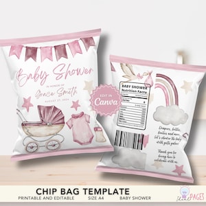 Bolsas de papas fritas rosas para baby shower, regalos para revelar el género de una niña, regalos para invitados, etiquetas para bolsas de papas fritas, bolsas de golosinas