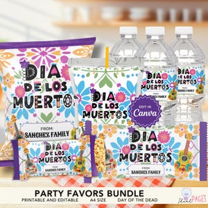 Dia de los Muertos Gastgeschenke, Tag der Toten, Mexikanische Fiesta, Chip Tasche, Wasserflasche, Saftbeutel, Schokoladenverpackung, Reis knusprige Leckerei