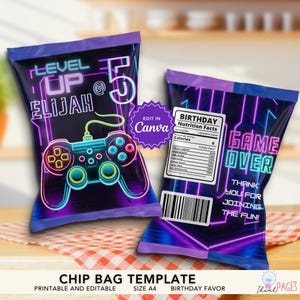 Plantilla para bolsas de chips de cumpleaños de gamer morado neón, decoración para fiestas de regalos de videojuegos, bolsas de botín DIY, bolsas de golosinas, bolsas de dulces de cumpleaños