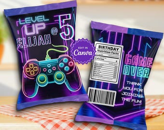 ネオンパープルのゲーマーバースデーチップバッグテンプレート、ビデオゲームの記念品パーティーデコレーション、DIY戦利品バッグ、お菓子スナックバッグ、バースデートリートバッグ
