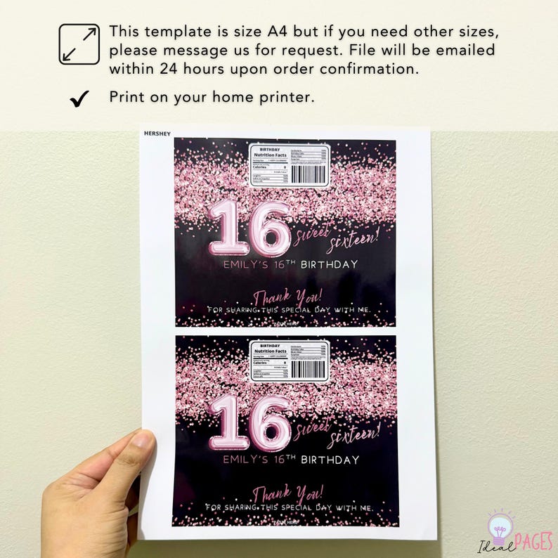 Pink Glitter Sweet 16 Candy Bar Wrapper, Teens Birthday Favors, Hershey ...