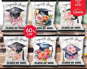 6 gepersonaliseerde sjabloon afstuderen chipzakje, klasse 2025, DIY-feestgunst afdrukbaar, tas afstuderen dagsnack, afstudeergunst, goodiebags