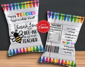 Etiqueta para bolsa de papas fritas "Mejor regalo de agradecimiento para maestros", obsequio para fiestas de maestros, bolsa de regalo, bolsa de obsequio, envoltorio para bocadillos.