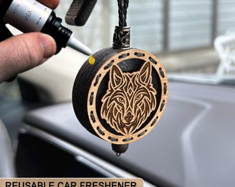 Wolf Car Air Freshener – Nordic Viking Wooden Car Charm, Refillable Diffuser with Wolf Engraving, Norse Animal Spirit Gift for Men