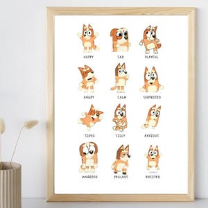 Bluey Gefühle Poster Set, emotionale Diagramm für Kinder, druckbare Vorschul Wandkunst, Montessori ruhige Ecke, blaues Kinderzimmer Dekor, Affirmationen