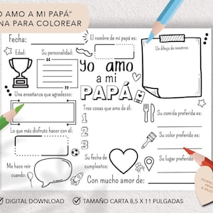 Dad's Coloring Sheet in spanish, Father's Day Card Activity, Personalized Gift for Papa, Kid-Friendly Craft, Daddy Placemat