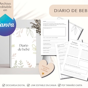 Diario de bebé, español, Baby Memory Book, Recuerdos Primer año de bebé, pdf, editable en canva, libro de recuerdos, diario personalizado