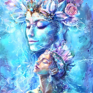 May include: A digital painting of two women with closed eyes. The woman in the foreground is wearing a crown of flowers and jewels. The woman in the background is wearing a crown of flowers and jewels. Both women have blue skin and are surrounded by a blue and white background.