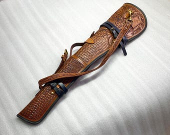 Western Rifle Scabbard - 33" Brown Hand Tooled Top Grain Leather Scabbard Cover with Adjustable Strap and Fur Lining Luxury Shotgun Slipcase