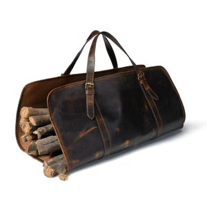 Full Grain Leather Firewood Log Carrier: Rustic Fireplace Tote, Brown