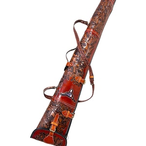 50&quot; Hand Tooled Leather Rifle Scabbard – Buffalo Leather Shotgun Case with Shoulder Strap, Faux Fur Lining & Hunting Saddle Slip