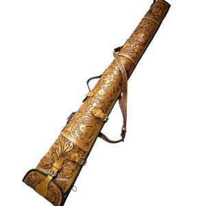 Western Leather Rifle Scabbard 48-50&quot; Shotgun Case Tan Brown Long Hand Tooled Scabbard Cover | Rifle and Shotgun Sleeve with Straps