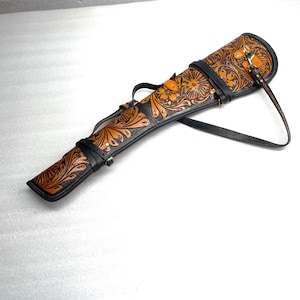 33&quot; Vintage Brown Hand Tooled Leather Rifle Cover with Adjustable Strap Fits Most Lever-Action Rifles - Western Rifle Scabbard -Hunting Gift