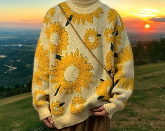 Embroidered Sunflowers sweaters,Sunflowers sweaters,Oversized floral sweaters,Long sleeved Pullover,Sunflowers embroidery,Winter/Autumn gift