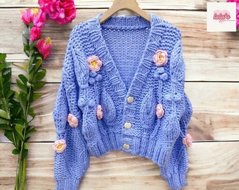 Cardigan floreali lavorati a maglia, maglione da donna oversize grosso, maglioni di fiori all'uncinetto fatti a mano, top floreale lavorato a maglia, cardigan inverno/autunno, regalale