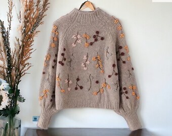 Beaded sweaters,Floral knitted sweaters,Tree pattern sweaters,Knitted woolen sweaters,Puff sleeve sweaters,Beaded women sweater,Gift for her