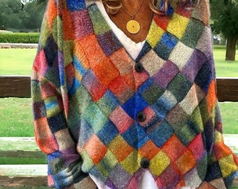 Regenbogen-Strickjacke, bunt bedruckte Strickjacken, gestreifte Strickjacken, handgefertigte modische Strickjacken, Tierdruck-Pullover, Geschenke für sie