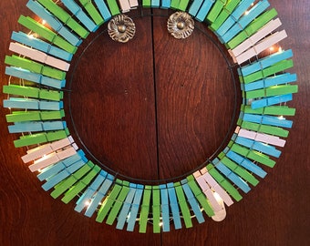 Blue,green, and white lighted wreath