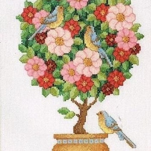 Puede incluir: Un patrón de punto de cruz de un árbol en flor en maceta con pájaros azules posados en las ramas. El árbol tiene flores rosas y rojas y hojas verdes. La maceta es marrón con un borde azul claro.