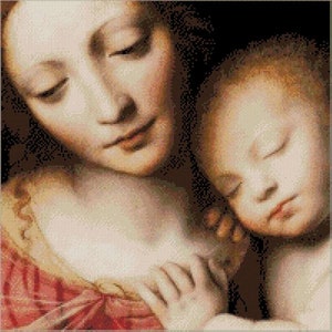 Può includere: Un dipinto di una madre e un bambino. La madre tiene il bambino stretto a sé, e il bambino dorme. Il viso della madre è dolce e amorevole, e il viso del bambino è pacifico.