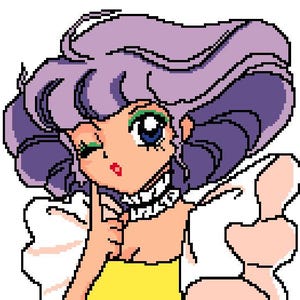 Può includere: Un'illustrazione di cartone animato di una donna con i capelli viola, che indossa una blusa bianca con maniche a sbuffo, una parte superiore gialla e un colletto bianco. Sta guardando di lato con un'espressione giocosa.