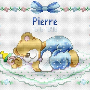 2 X gráficos de ANÚNCIOS DE NASCIMENTO com urso personalizável com nome padrão de ponto cruz bebê menino ou menina cores DMC p